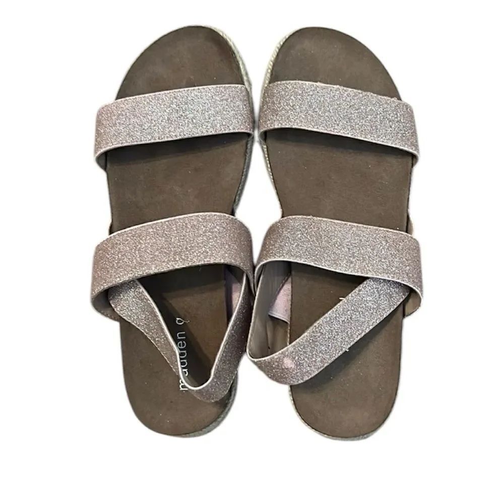 Madden girl size 8.5 pink & gold sparkly jute wedge comfy stylish sandals GUC